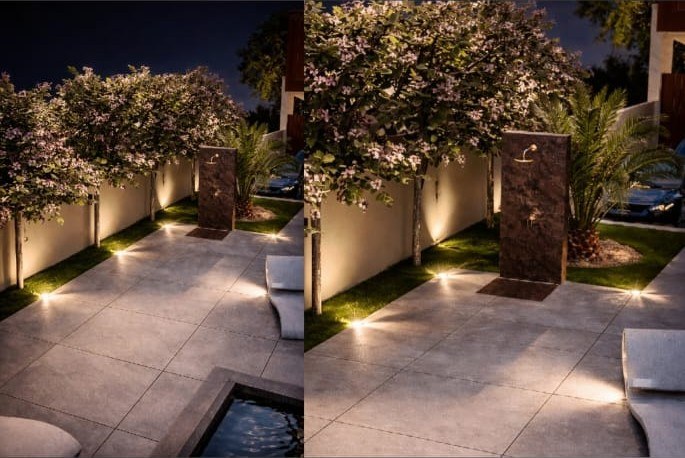 Terrasse paysagère éclairée de nuit