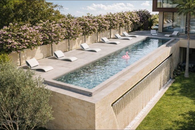 Villa avec piscine à débordement et jardin