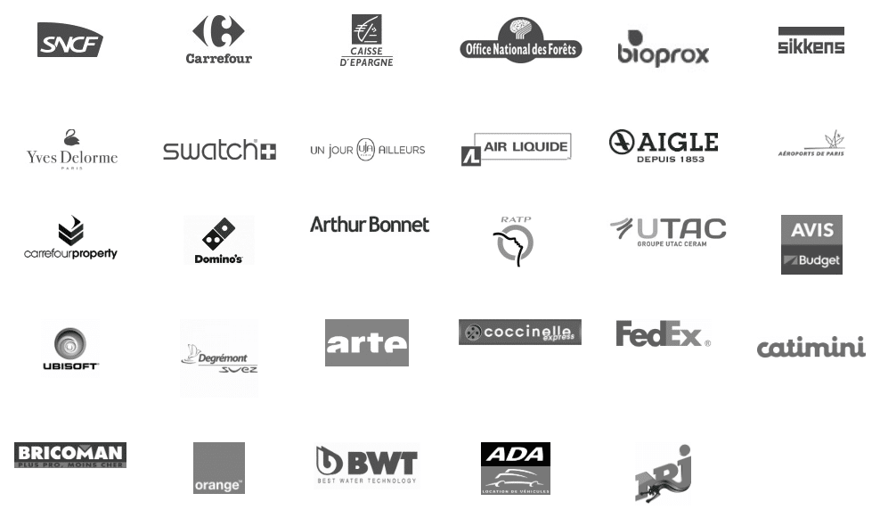 Logos clients : SNCF, Carrefour, Caisse d'Épargne, Office National des Forêts, Bioprox, Sikkens, Yves Delorme, Swatch, Un jour ailleurs, Air Liquide, Aigle, Aéroports de Paris, Carrefour Property, Domino's, Arthur Bonnet, RATP, UTAC, Avis Budget, Ubisoft, Degrémont Suez, Arte, Coccinelle Express, FedEx, Catimini, Bricoman, Orange, BWT, ADA, NRJ